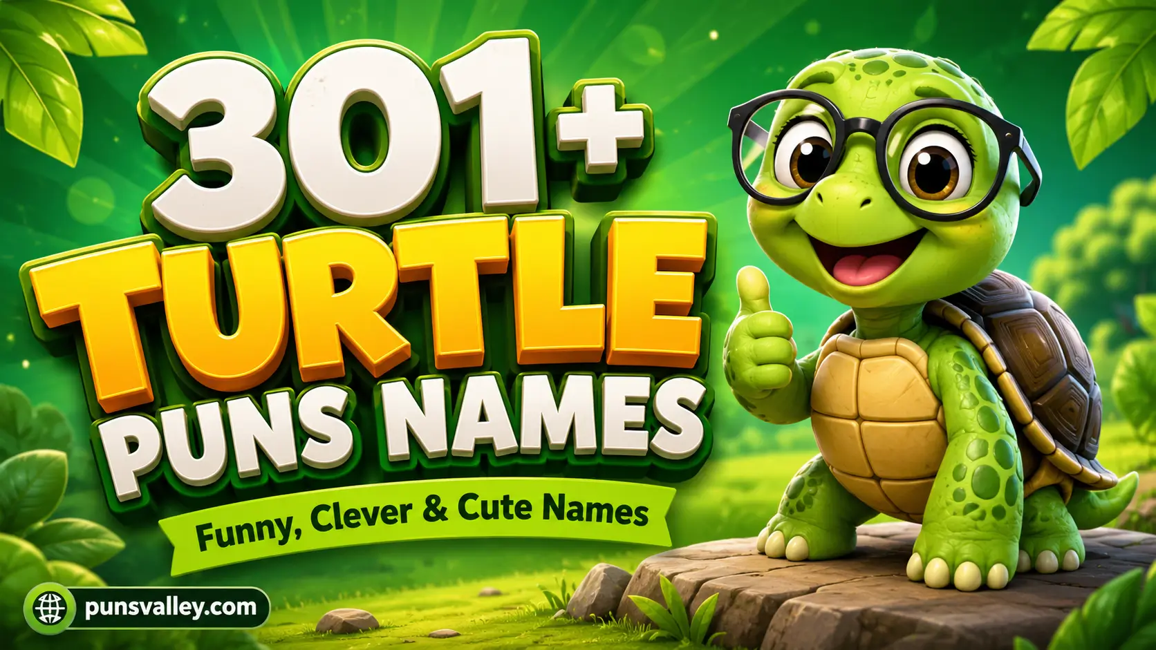 A colorful featured image with 3D text showcasing 301+ turtle puns names alongside a friendly cartoon turtle mascot.