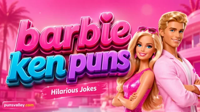 Bold 3D typography for Barbie Ken puns with a smiling Ken illustration.
