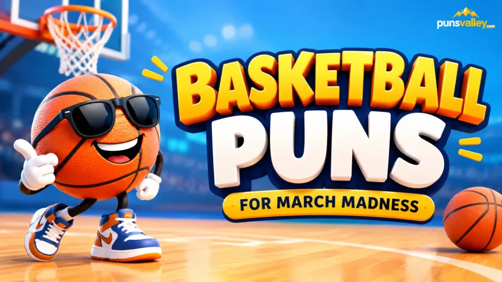 Featured image featuring 3D text and a mascot for basketball puns for march madness.