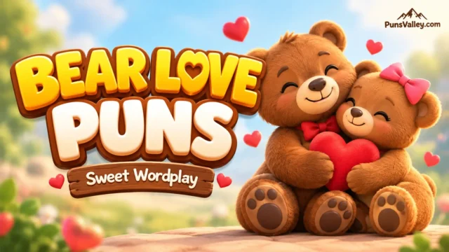 Featured cover for bear love puns with glossy 3D typography and a cute teddy bear mascot.
