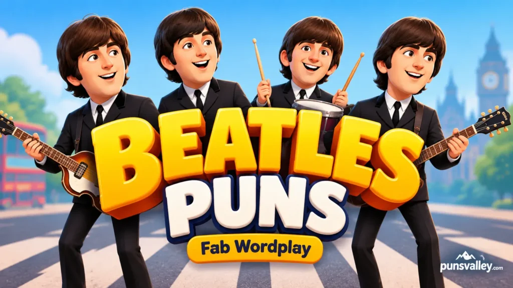 Featured image for punsvalley.com with bold 3D typography reading 'BEATLES PUNS', a guitar beetle, and yellow submarines.