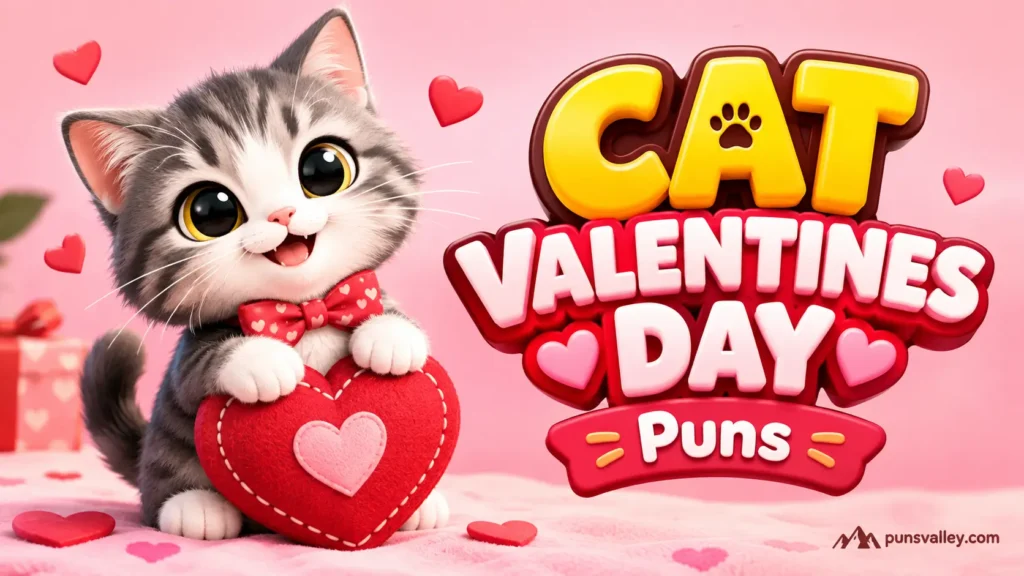 A 3D thumbnail featuring bold text reading "CAT VALENTINES DAY PUNS" next to a cute kitten with a heart card.