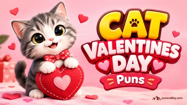 A 3D thumbnail featuring bold text reading "CAT VALENTINES DAY PUNS" next to a cute kitten with a heart card.
