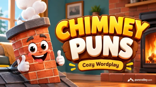 A featured thumbnail for chimney puns featuring 3D text, cozy fireplace wordplay tagline, and a smiling mascot.