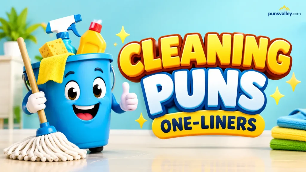 A 16:9 featured image thumbnail for an article on cleaning puns one-liners, featuring 3D text and a happy sponge mascot.
