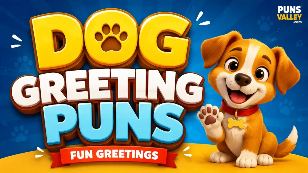 A friendly cartoon dog waving next to large 3D text that reads 'Dog Greeting Puns'.