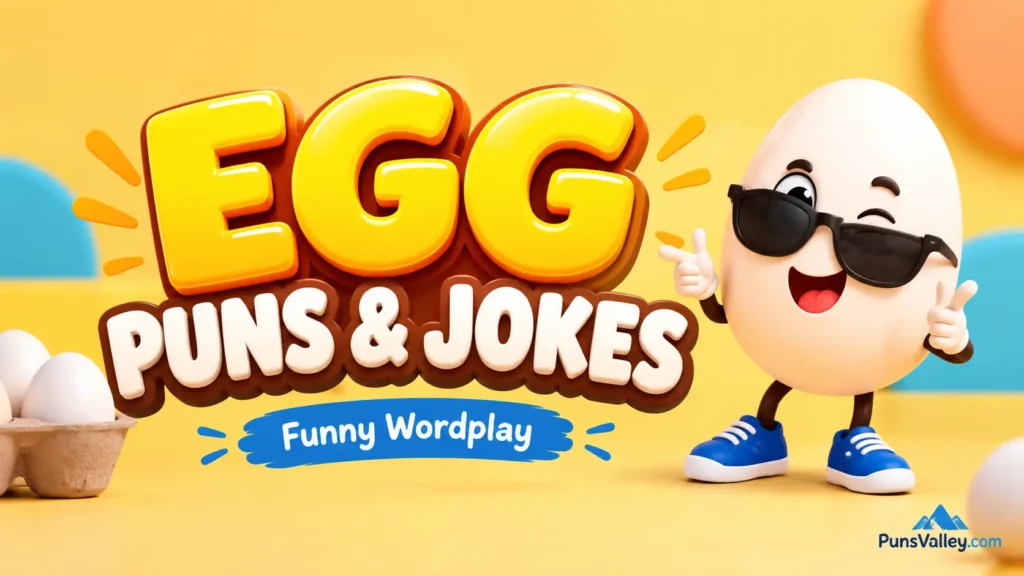 A premium 3D featured image with bold text reading 'EGG PUNS AND JOKES' and a chef mascot, for punsvalley.com.