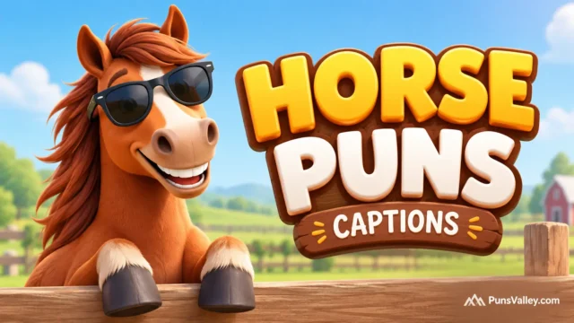 Bold 3D text displaying horse puns captions with a friendly cartoon horse mascot on a bright sunny background.
