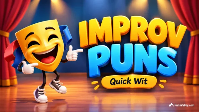 Bold 3D text reading Improv Puns alongside a cartoon performer on a theater stage.
