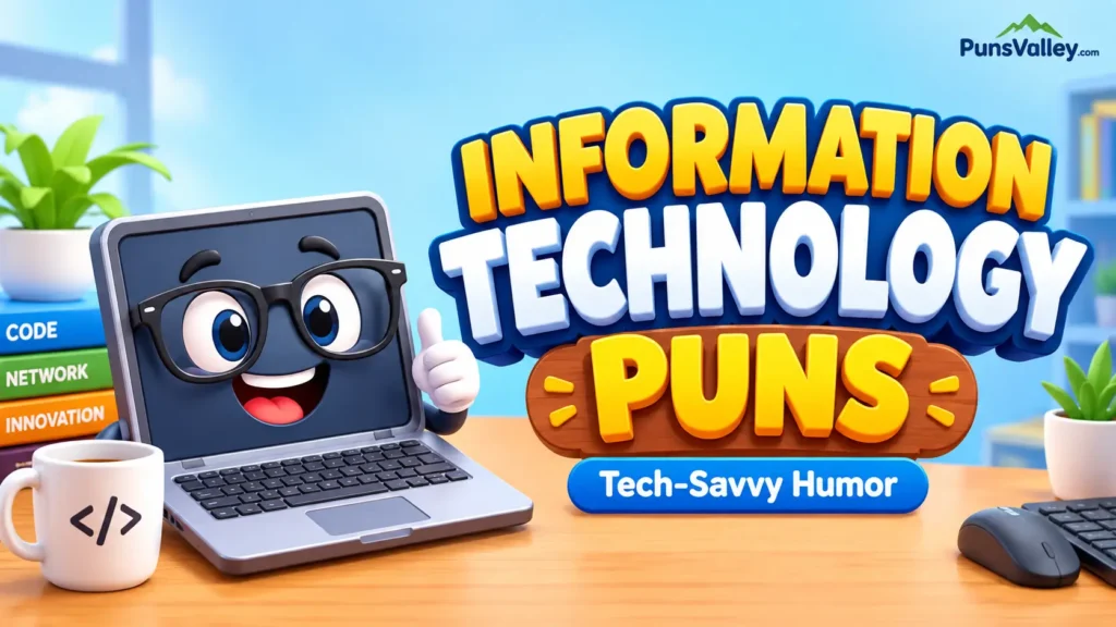 Featured image for information technology puns featuring 3D text and a cute robot mascot.