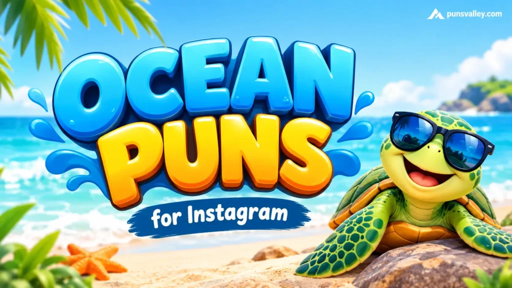 Featured thumbnail image displaying ocean puns for instagram with a fun cartoon octopus character.