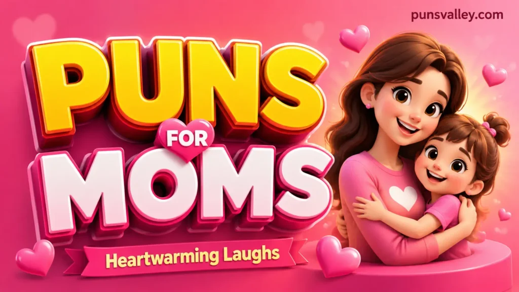 A colorful featured image titled Puns for Moms featuring 3D text and a happy mom illustration.