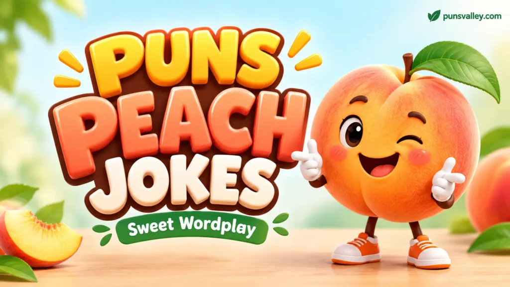 A bright featured image for an article about puns peach jokes on punsvalley.com, using bold 3D typography and a peach mascot.