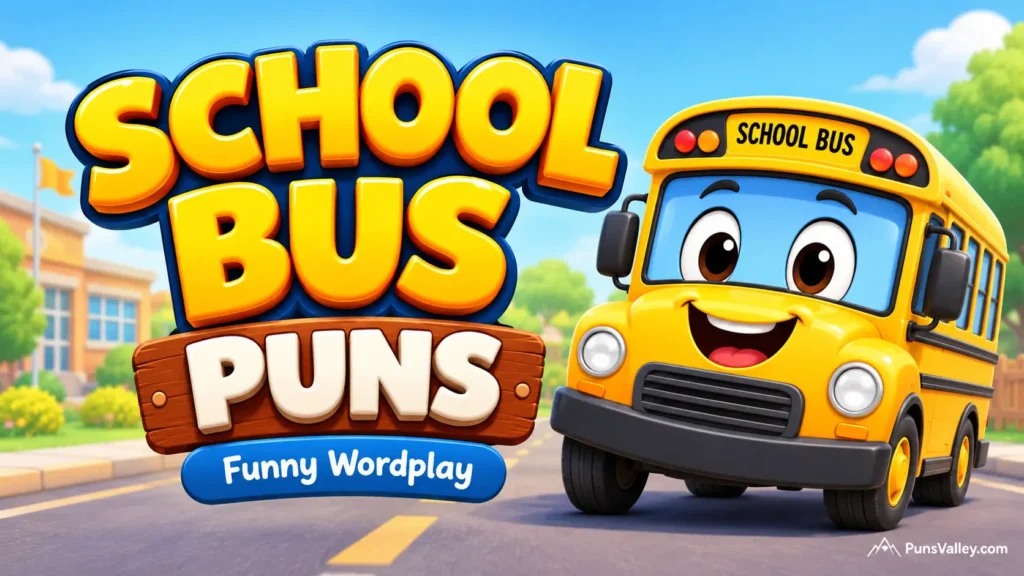 Bright featured image with glossy 3D text displaying school bus puns and a cartoon yellow bus mascot.
