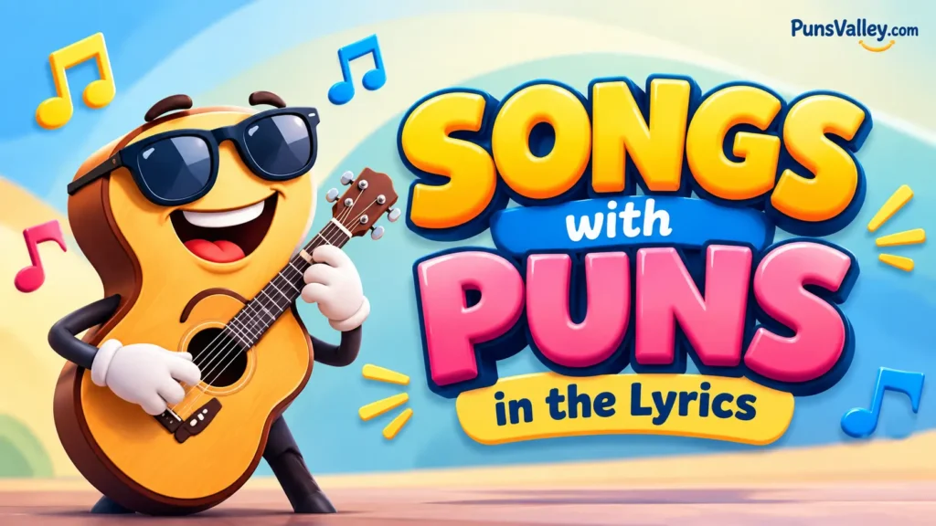 A 3D illustration featuring a cheerful cartoon microphone mascot next to bold yellow typography reading "Songs with Puns".