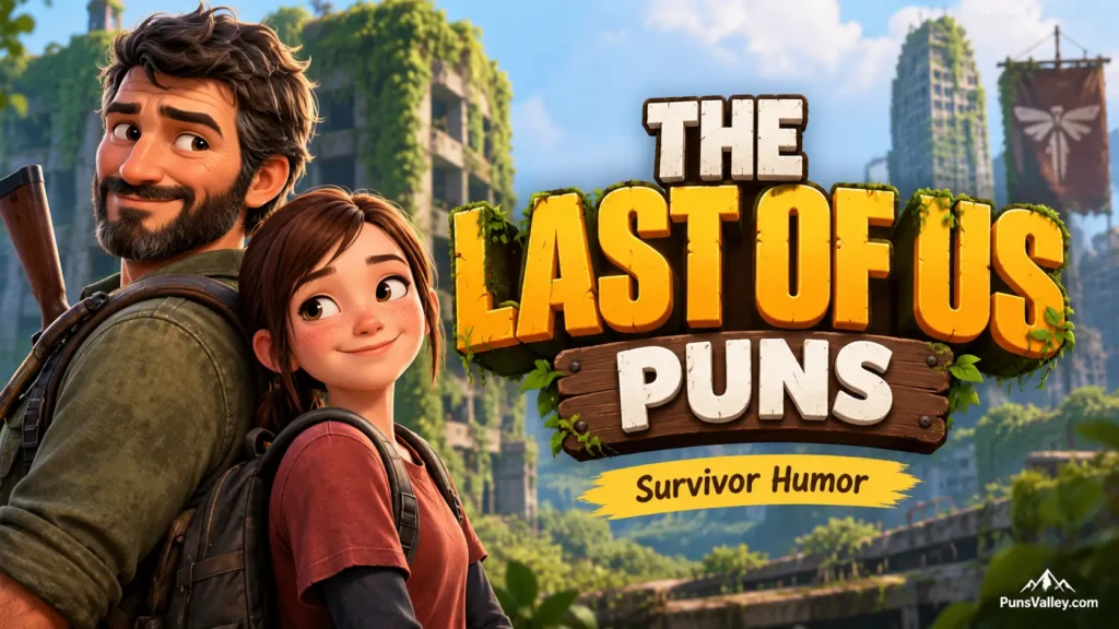 Featured image with 3D text reading THE LAST OF US PUNS, a cartoon survivor mascot, and a tagline on a stylized background.
