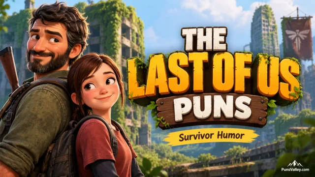 Featured image with 3D text reading THE LAST OF US PUNS, a cartoon survivor mascot, and a tagline on a stylized background.