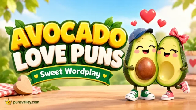 Avocado love puns featured image with two cute, smiling avocado characters, hearts, and bold 3D lettering