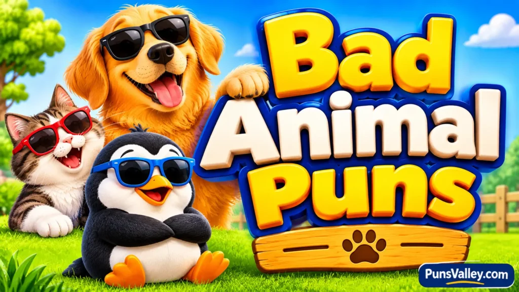 Bad animal puns featured image with funny cartoon animals wearing sunglasses.