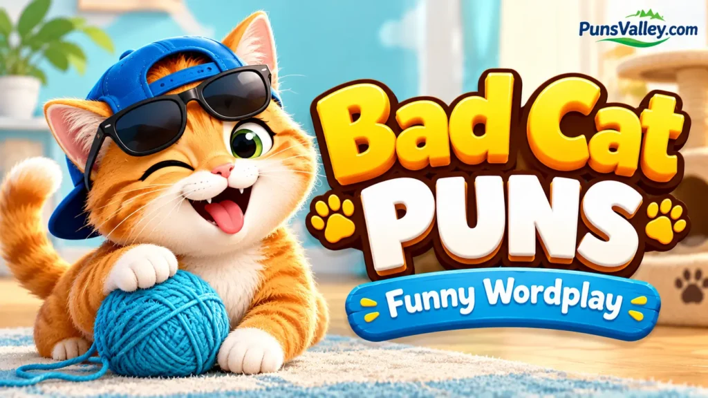 bad cat puns thumbnail featuring a playful orange cat, bold 3D lettering, and a cozy background.