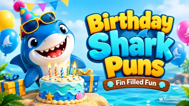 Birthday shark puns in bold 3D lettering beside a cheerful shark wearing a party hat with a birthday cake.