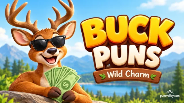 Buck puns featured image with a cheerful cartoon buck holding dollar bills beside bold 3D lettering.