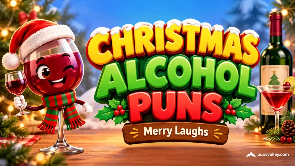 Christmas alcohol puns featured image with a cheerful Santa-hat wine glass and colorful Christmas lettering.