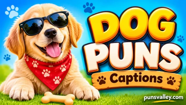 Dog puns captions featured image with a cute golden retriever wearing sunglasses and a red bandana.