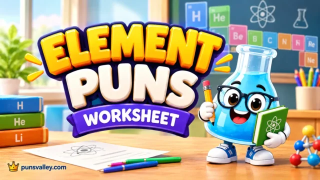 element puns worksheet cover with a smiling chemistry flask mascot, colorful science books, and bold 3D lettering.