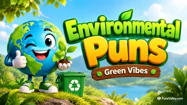 Environmental puns featured in bold 3D green and yellow lettering beside a cheerful Earth mascot holding a seedling.