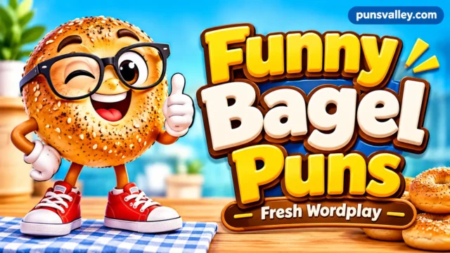 Funny bagel puns thumbnail featuring a smiling sesame bagel mascot and bold 3D lettering.