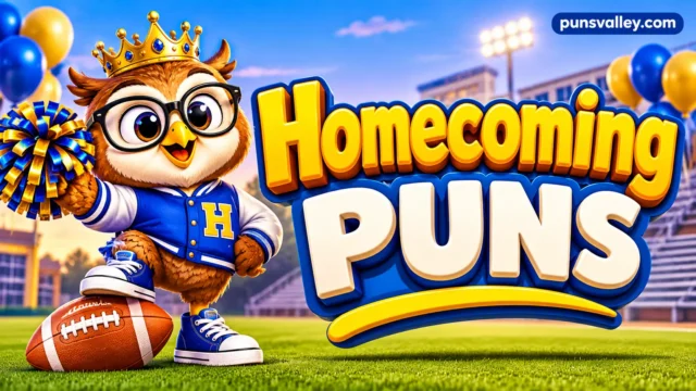 Homecoming puns thumbnail featuring a crowned owl mascot, blue and gold varsity colors, and bold 3D lettering.
