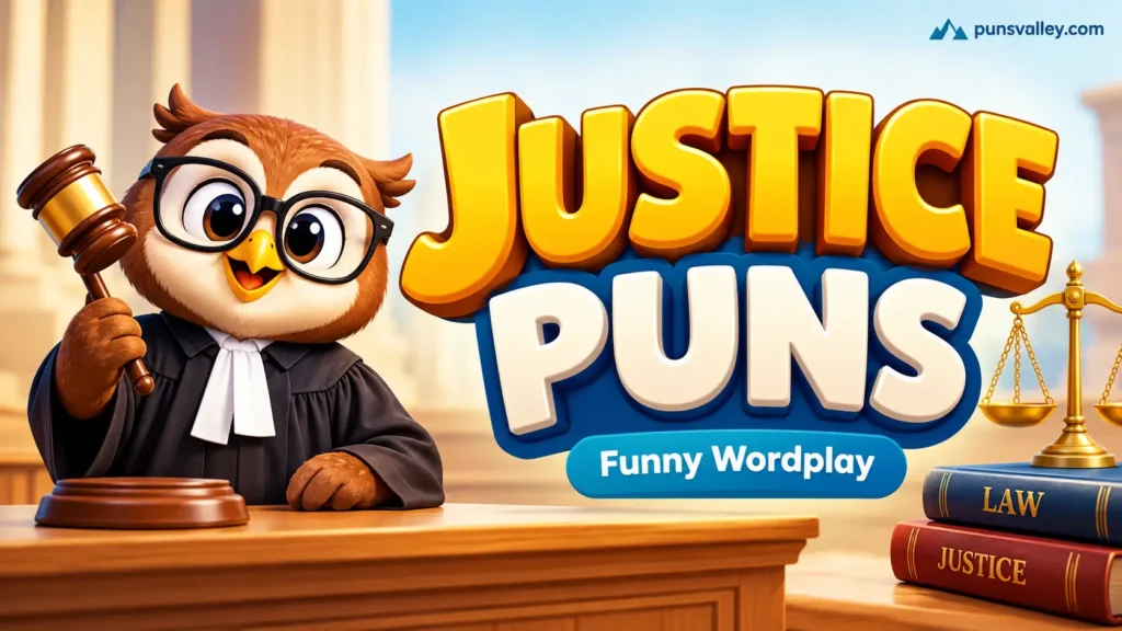 Justice puns featured image with bold 3D lettering, a friendly owl judge, and golden scales of justice.