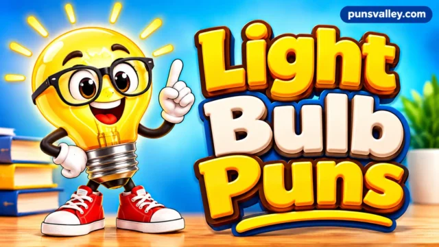 Light bulb puns thumbnail featuring a smiling glowing light bulb mascot and bold 3D lettering.