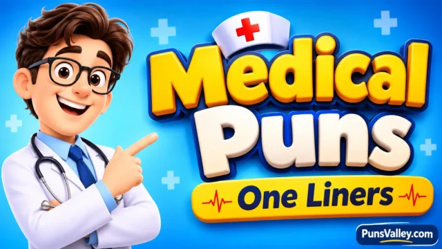 medical puns one liners featured image with a smiling cartoon doctor and bold 3D lettering.