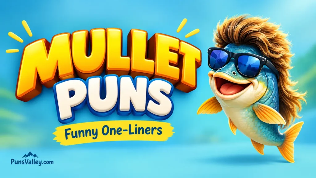 Mullet puns featured image with bold 3D yellow text and a cool fish mascot sporting a retro mullet.