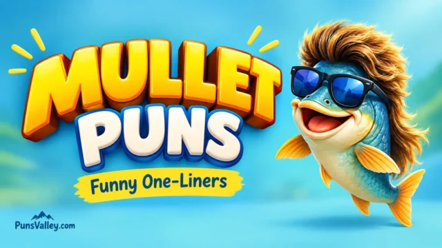 Mullet puns featured image with bold 3D yellow text and a cool fish mascot sporting a retro mullet.