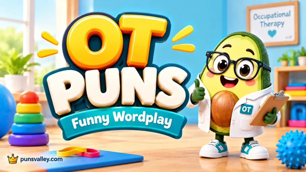 OT puns featured image with a cheerful occupational therapy mascot, colorful 3D lettering, and therapy tools.
