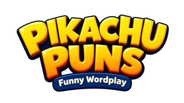 pikachu puns title in bold, glossy yellow and orange 3D lettering on a transparent background.