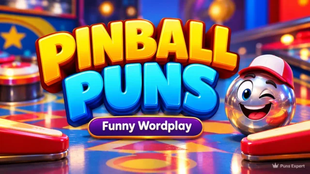 pinball puns in bold 3D lettering with a smiling pinball mascot in a colorful arcade.