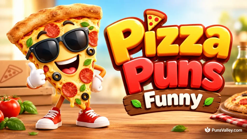 Pizza puns funny thumbnail with a smiling cartoon pizza slice, sunglasses, and bold 3D lettering.