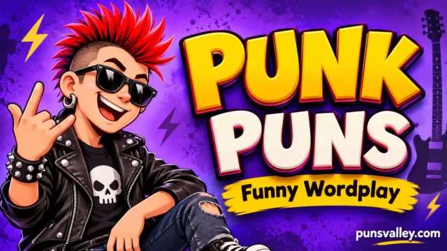 Punk puns featured image with a red-mohawk punk rocker and bold 3D lettering.