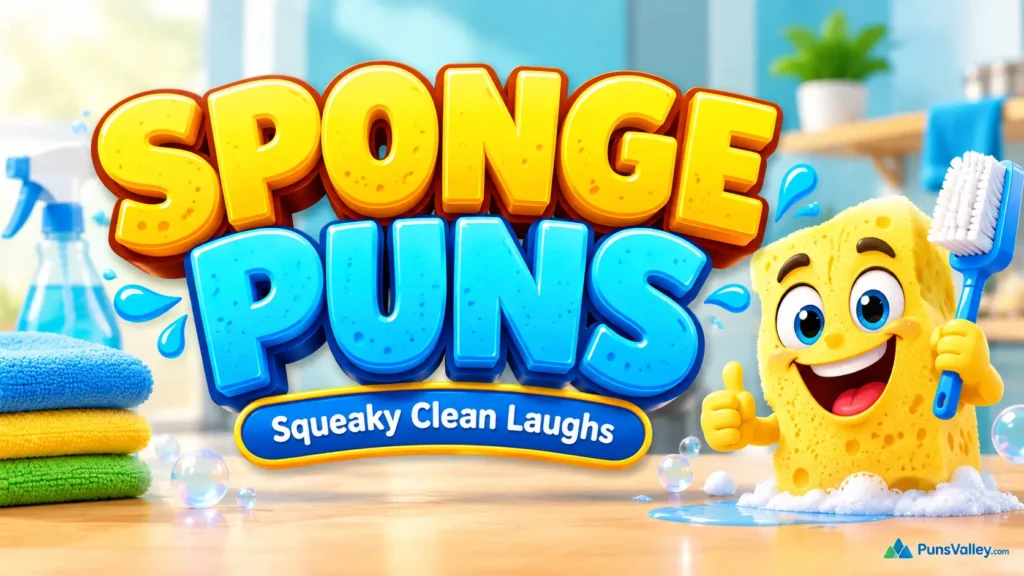 Sponge puns featured image with bold 3D lettering, a smiling yellow sponge mascot, and a bright cleaning-themed background.