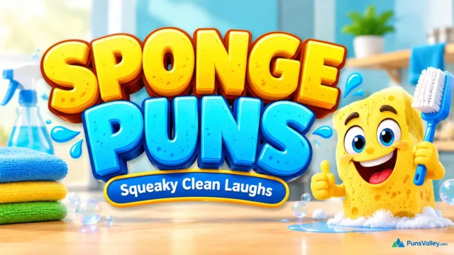 Sponge puns featured image with bold 3D lettering, a smiling yellow sponge mascot, and a bright cleaning-themed background.
