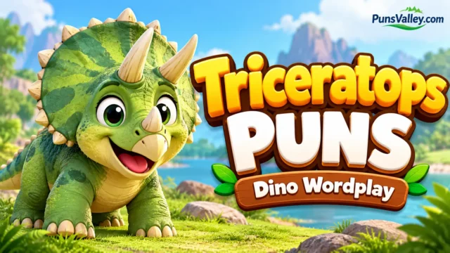 triceratops puns thumbnail with a cute green dinosaur and bold 3D lettering in a prehistoric landscape.