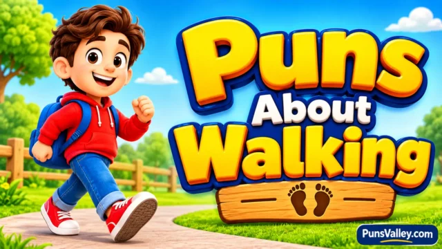 Puns about walking featured image with a cheerful cartoon boy strolling through a park.