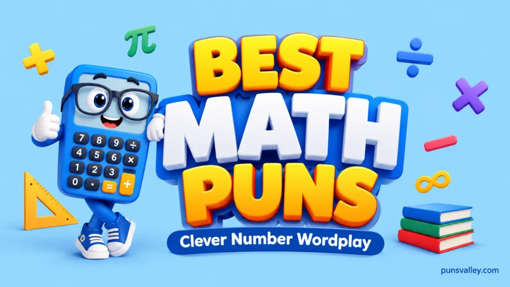 Best math puns featured image with bold 3D math typography and a friendly calculator mascot