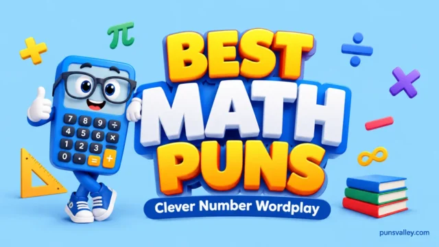 Best math puns featured image with bold 3D math typography and a friendly calculator mascot