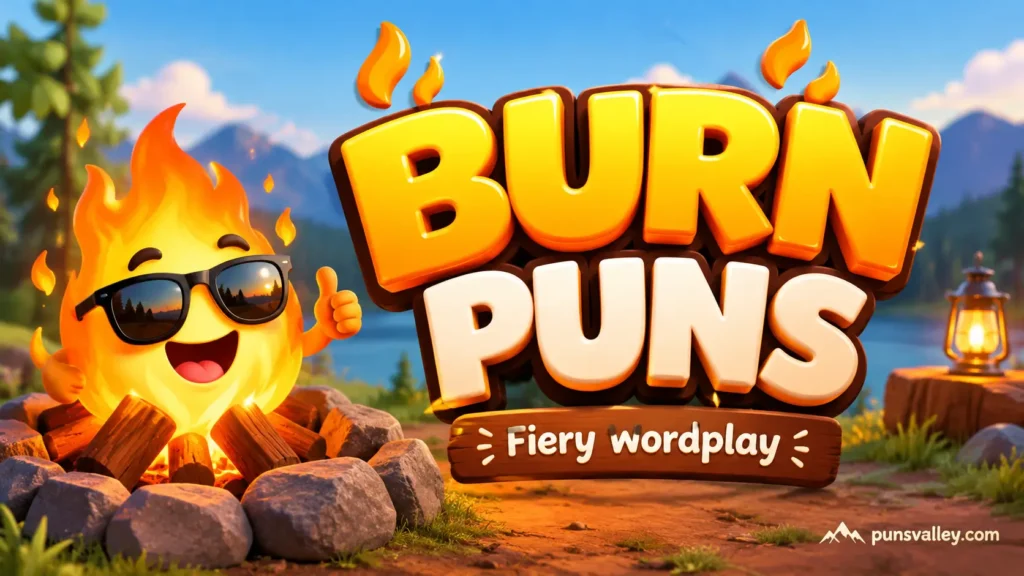 burn puns featured image with bold 3D lettering and a cheerful cartoon flame mascot.