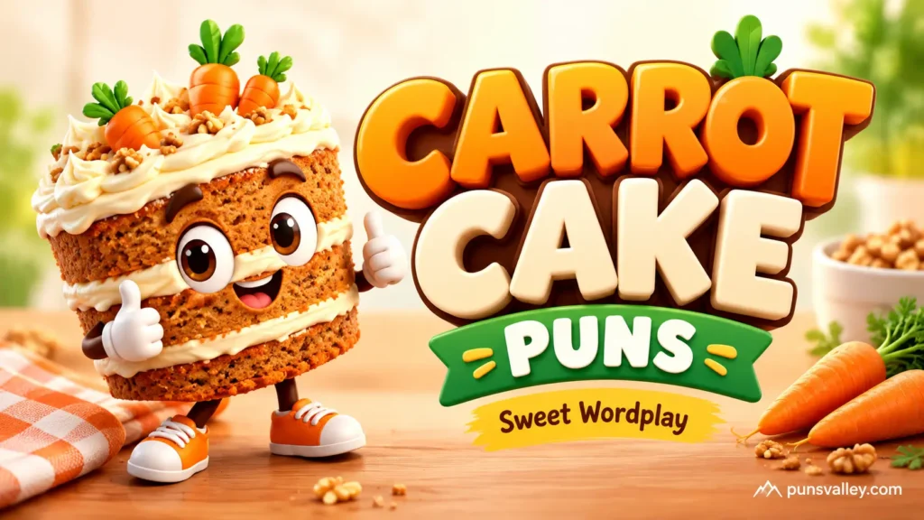 Carrot cake puns featured image with a cheerful 3D carrot cake mascot and bold orange typography.